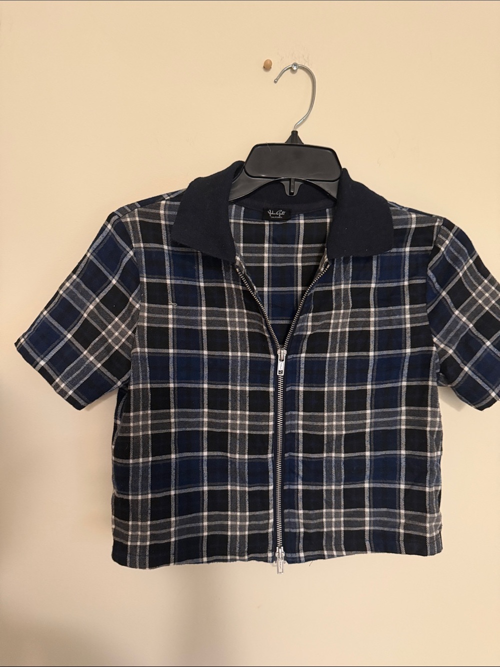 Brandy Melville Navy, Black and White Plaid Cropped Zip Top